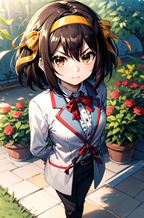 (masterpiece, best quality, detailed), 1girl, solo, looking at viewer, <lora:suzumiyaHaruhiSuzumiya_v1:0.7>, suzumiya haruhi, brown hair, short hair, brown eyes, hairband, medium hair, ribbon, kodona, collared shirt, hat bow, frills, long sleeves, top hat, jacket, pants, outdoors, garden, sunlight, day, bush, arms behind back, neck ribbon, grass, flower, rose, from above, serious, closed mouth