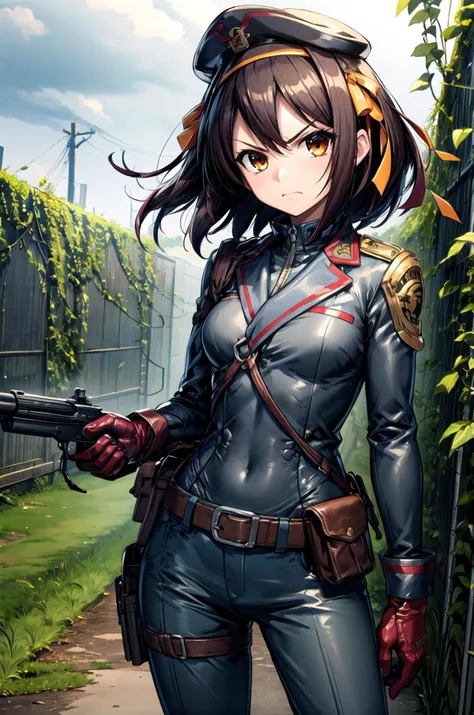 (masterpiece, best quality, detailed), 1girl, solo, looking at viewer, <lora:suzumiyaHaruhiSuzumiya_v1:0.7>, suzumiya haruhi, brown hair, short hair, brown eyes, hairband, medium hair, ribbon, soldier, military, long sleeves, military uniform, military hat, body armor, ruins, outdoors, overgrown, post-apocalypse, contrapposto, legs apart, gloves, pants, belt, pouch, cloudy sky, fog, power lines, vines, holding gun, machine gun, angry, glaring, closed mouth