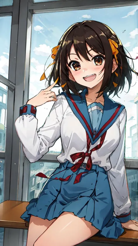 lumen reflections, natural lighting, evocative, triadic color scheme, cowboy shot, elegant, voluptuous:0.6, looking at viewer, 1girl, female, solo, blush, open mouth, smile, teeth, sfw, <lora:suzumiya_haruhi_v1:1>, suzumiya haruhi, school uniform, blue sailor collar, serafuku, blue skirt, long sleeves, sitting on desk, school scenery