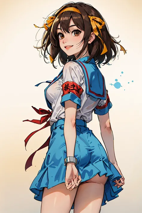 masterpiece, best quality, highres, 1girl, suzumiya haruhi, solo, kita high school uniform, blue sailor collar, sailor collar, blue skirt, brown hair, short hair, brown eyes, armband, hairband, medium hair, ribbon, socks, medium breasts, cowboy shot, standing, smile, from behind