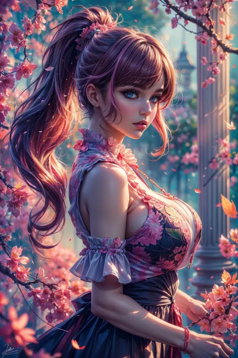 Open Leg Squat, (masterpiece, Excellent, 1girl, solo, Complex Detail, color difference), realistic, ((medium breath)), Off the shoulders, large chest, sexy, Yae miko, long pink hair, red headpiece, Red highlighting, hair over one eye, green colored eyes, Earrings, Sharp eyes, perfectly symmetrical figure, choker, neon shirt, Open jacket, Turtleneck sweater, Against a wall, Brick wall, Graffiti, Dim lighting, Alley, Looking at the audience, ((sneaky, seductive, charming)), ((Cherry blossom background))),((Japanese temple background))), (((Glow-in-the-dark background))))High-efficiency subpixel, Subpixel convolution, Luminous particles, Light scattering, Tyndall effect, Transparent dress, Lace edge, lace seduction, bare legs, mini skirt, long legs, Hips, big breasts, huge breasts, Slit skirt, pink lace trim, upturned buttocks, big breasts, big breasts, big breasts, Hai Split Cheongsam, flirty type, charming, shy, big breasts, big breasts, big breasts, big breasts, big breasts leaking, bursting breasts, big breasts, seduction, tall figure, white skin and beautiful skin, white hair, thick buttocks, thick buttocks, big buttocks,, nothing worn out, especially short clothes, bare waist, thong, exuberant look, loose long hair,, split legs, half squatting, promiscuous, showing between legs