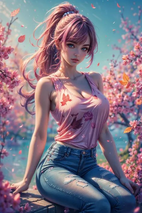 (ultra realistic,32k, masterpiece:1.2),(high detailed skin:1.1),( high quality:1.1),
1girl, pink hair, ponytail hair, bangs,(aqua eyes:0.9),(red lips:0.8), <lora:fengwu:0.6>sdmai, fengwu, Red Faux Leather Devil Costume, (sublime ai art gallery, algorithmic creations, digital masterpieces, artificial creativity:0.8), blurry background, windy, leaf particles,,(looking at viewer, Bend forward:1.1),, huge breast,<lora:add_detail:0.95>,
(backlight:1.1),