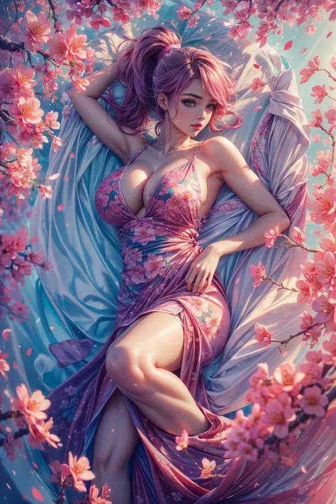 (ultra realistic,32k, masterpiece:1.2),(high detailed skin:1.1),( high quality:1.1),
1girl, pink hair, ponytail hair, bangs,(aqua eyes:0.9),(red lips:0.8), <lora:fengwu:0.6>sdmai, fengwu, shanpuuranma, large breasts, Chinese Clothes Floral Print, (An environment with tombstones and a similar look to a cemetery with some bats and cockroaches:0.8), blurry background, windy, (leaf particles:1.1),flowers, cherry blossoms,,(looking at viewer, lying, from above:1.1),, huge breast,<lora:add_detail:0.82>,
(dense light rays:1.1),