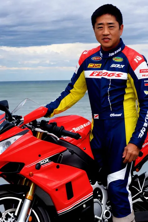 Guy wearing motogp suit, with an erection cock, sitting cum