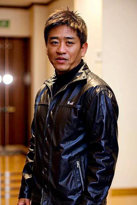 best quality, ultra high res, (photorealistic:1.4), masterpiece, blurry background,indoors,1boy,standing ,(looking at viewer), black leather coat, <lora:lizhaoji:0.8>