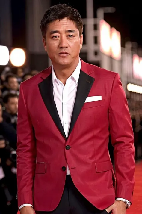 a men as a movie star, (portrait:1.2), (half body:1.2),(face focus:1),  modelshoot style, (extremely detailed CG unity 8k wallpaper), Intricate, High Detail, Sharp focus, dramatic,((movie premiere gala)), ((standing on the red carpet)), ((paparazzi in the background)), (looking at viewer), (detailed pupils:1.2), (elegant suit:1.3)  <lora:keshouliang:0.8>