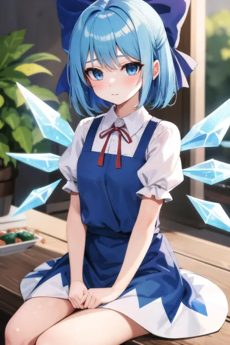 masterpiece, best quality, cirno, crystal wings, blue hair, blue eyes, puffy short sleeves,