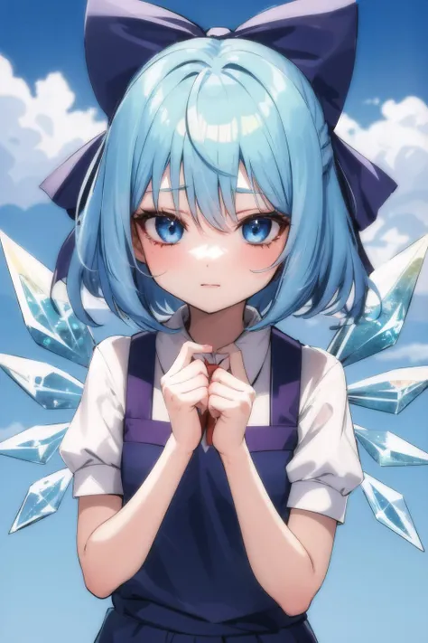 masterpiece, best quality, cirno, crystal wings, blue hair, blue eyes, puffy short sleeves,