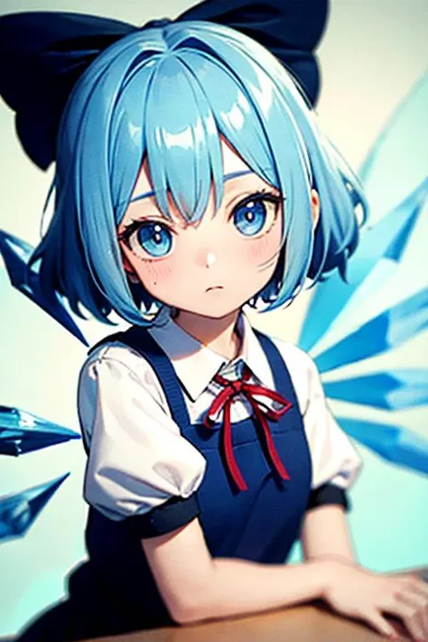 detailed background, masterpiece, best quality, cirno, crystal wings, blue hair, blue eyes, puffy short sleeves