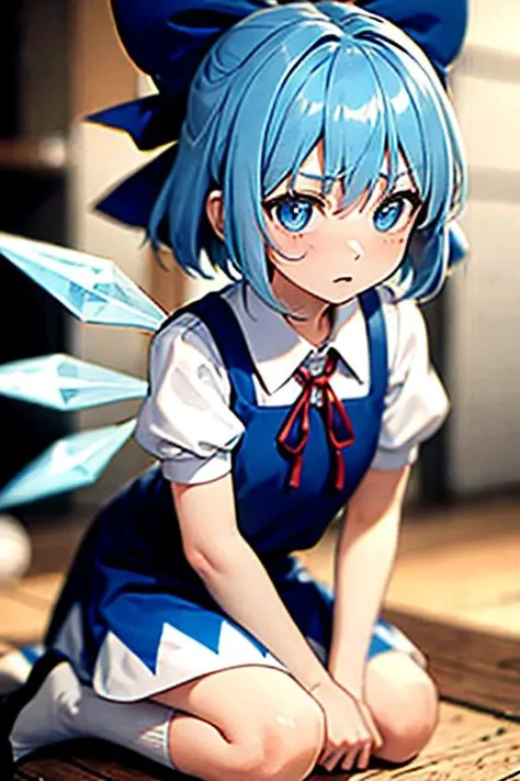 detailed background, masterpiece, best quality, cirno, crystal wings, blue hair, blue eyes, puffy short sleeves,Release Skills,Frustration.