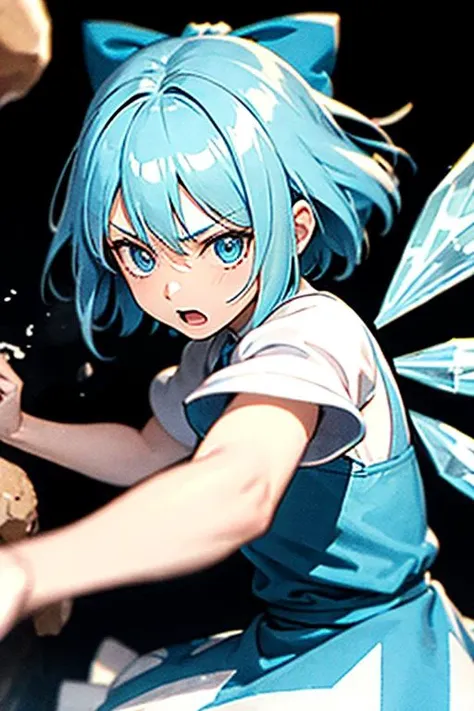 detailed background, masterpiece, best quality, cirno, crystal wings, blue hair, blue eyes, puffy short sleeves,fighting stance,Frustration.
