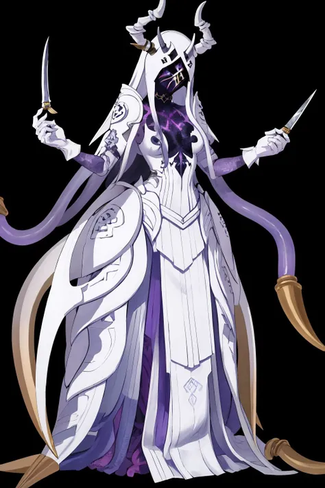 masterpiece, best quality, 1girl, solo, standing, <lora:ginnungagap-fe-richy-v1:1> ginnungagap, horns, colored skin, purple skin, faceless, mask, tentacles, white gloves, sword, dagger, holding, (black background, simple background:1.3), <lora:FEH_Concept_v2:1> full body