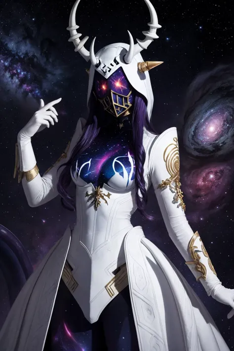 masterpiece, best quality, 8K RAW photo, 1girl, solo, standing, <lora:ginnungagap-fe-richy-v1:.8> ginnungagap, horns, colored skin, purple skin, faceless, mask, tentacles, white gloves, starry sky print, nebula, long sleeves
