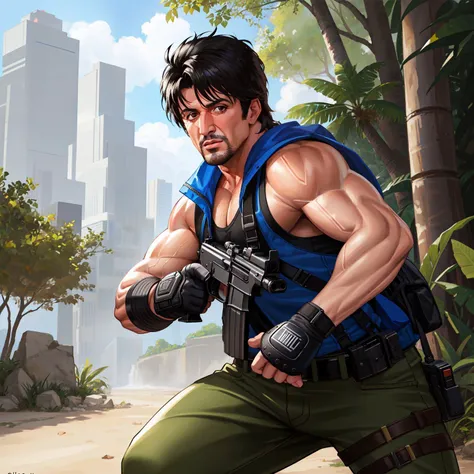 realistic portrait of Sylvester Stallone with a machine gun in a fighting stance, solo, intricate details, jungle background