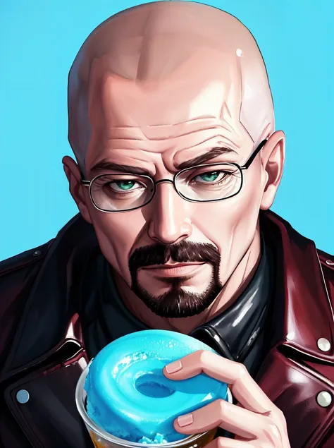 portrait of walter white from breaking bad, bald burgundy leather jacket eating blue ice cream ((desert background))