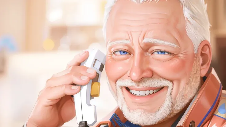 realistic portrait of Hide the pain Harold, smile, holding telephone, blue eyes, small eyes, blurry background, unsure, pain face