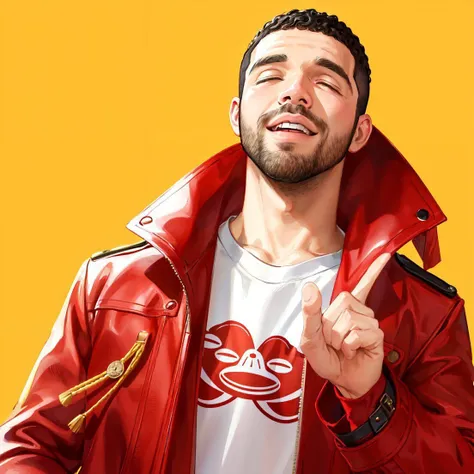 a realistic portrait of drake wearing a red coat and a white t-shirt pointing at the viewer with a smug on his face, yellow flat background, closed eyes