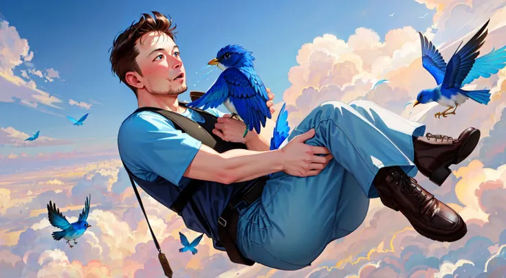 realistic wide shot of Elon musk being carried by a blue bird, ((cross-eyed)), drooling