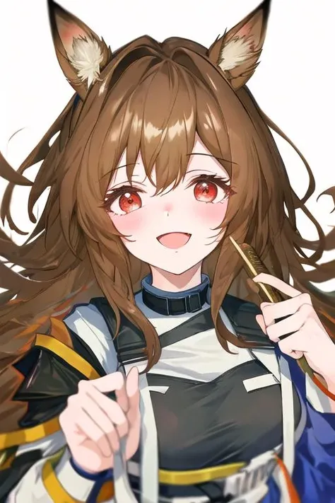 best quality, masterpiece, highres, 1girl, solo, {ceobe_arknights:1.15}, animal_ears, long_hair, dog_ears, brown_hair, bangs, red_eyes, smile, dog_girl, open_mouth, breasts, blush, hair_between_eyes, very_long_hair
