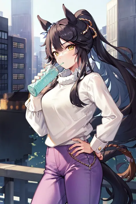 masterpiece, best quality,
narita brian \(umamusume\), solo,
long sleeves, white shirt, purple pants, hand on hip, drinking, holding cup, cityscape, neon, buildings,
cowboy shot,
<lora:narita_brian_lora:0.9>