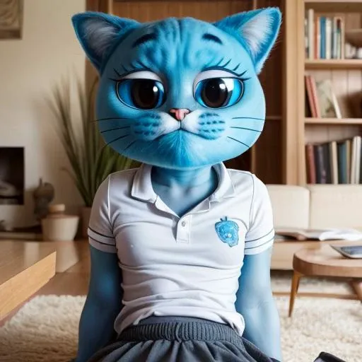 (8k) (high res) (best quality) (masterpiece)  nicole_watterson, cat girl, cat ears, cat tail, furry female, blue fur, blue skin, white shirt, flat chest,  living room, grey skirt