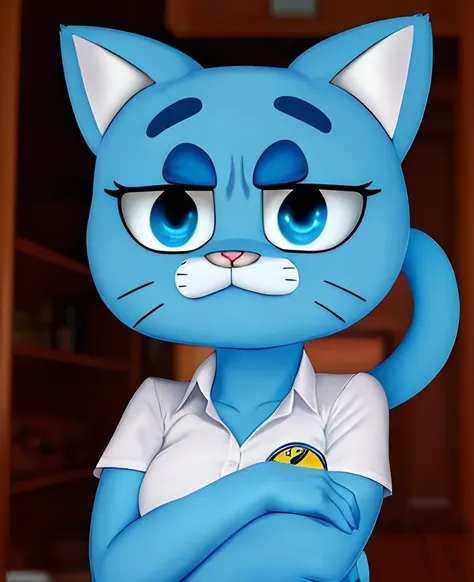 a cute portrait of nicole_watterson,((woman)), furry female, cat girl, cat ears, cat tail, blue fur, blue skin, white dress shirt,grey skirt,athletic build, annoyed expressions, cute face, fighting stance, smug, centered,masterpiece, cute eyes,best quality, highres,perfect face,body,hands, (in frame), (cowboy shot), <lora:nicole_watterson:.7>