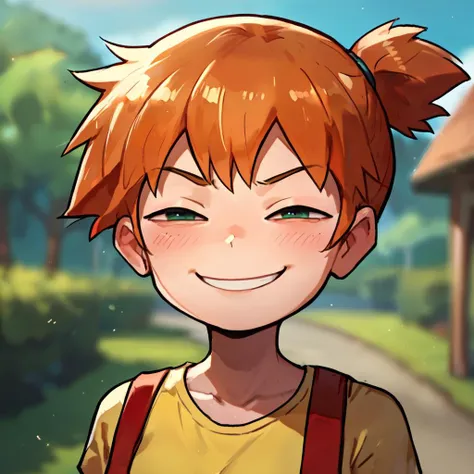 1girl, misty from pokemon, yellow shirt, red suspenders, blurry background, comical face, half-closed eyes, meme, smirk, blush, <lora:xl_anya's_heh_face(pony)3:0.75>, score_9, score_8_up, score_7_up, score_6_up, score_5_up, score_4_up,