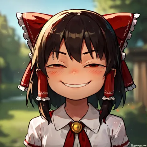 1girl, reimu hakurei, blurry background, comical face, half-closed eyes, meme, smirk, blush, <lora:xl_anya's_heh_face(pony)3:0.75>, score_9, score_8_up, score_7_up, score_6_up, score_5_up, score_4_up,