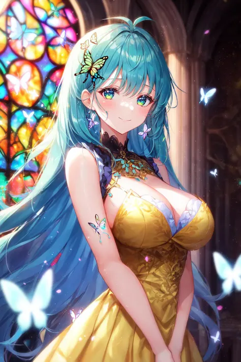 1girl, masterpiece, extremly detailed, (beautiful detailed glow), lens flare, multicolored hair, rainbow hair, long hair, multicolored dress, butterfly hair ornament, butterflies, (light particles), Arms behind back, large breasts, [curvy], cowboy shot, light smile, green eyes, church, stained glass, spotlight, dark background, floating hair, floating hair, looking at viewer,((colorful)),