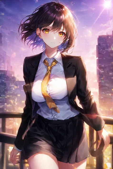 beautiful detailed glow, 1girl, masterpiece, best quality, extremly detailed,cinematic lighting, finely detailed beautiful face and eyes, 8k, dark intense shadows, yellow eyes, short hair, black hair, bangs, floating hair, black jacket, open jacket, white shirt, expressionless, yellow necktie, black skirt, spotlight, sunshine, sunrise, gradient sky, city, purple sky, lens flare, cowboy shot, [curvy], [mature female]