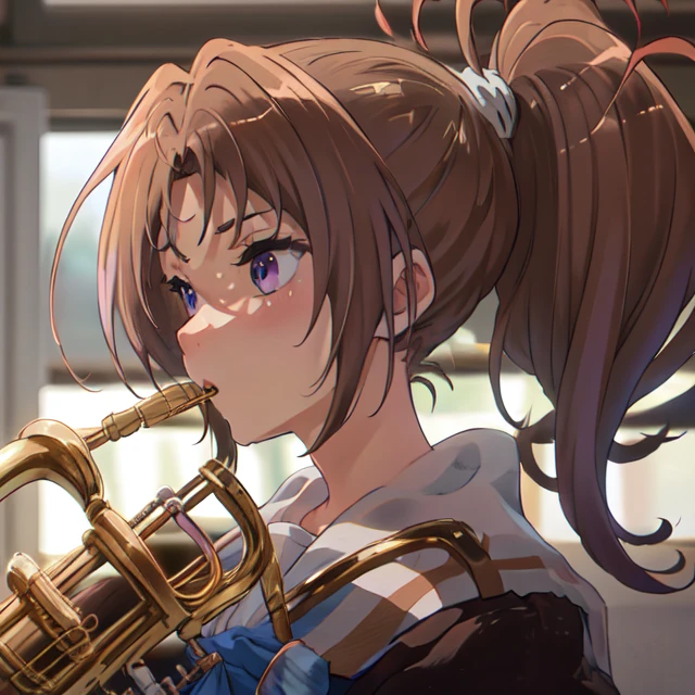 masterpiece, best quality, highres, brown high ponytail hair, light purple eye, <lora:NakagawaNatsukiHibikeEuphonium_v10:1>,1girl,(kitauji_high_school_uniform:1.3),playing brass-wind instrument, music class room