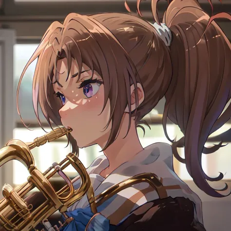 masterpiece, best quality, highres, brown high ponytail hair, light purple eye, <lora:NakagawaNatsukiHibikeEuphonium_v10:1>,1girl,(kitauji_high_school_uniform:1.3),playing brass-wind instrument, music class room