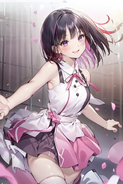 1girl, solo, azki, idol, idol clothes, pink dress, black dress, ribbon,  white dress, (short hair:1.25), multicolored hair, two-tone hair, pink hair, black hair, purple eyes, singing, concert, stage, outdoors, dynamic pose, bare shoulders, thighhighs, smile,  <lora:Azki_v2.0:0.7>