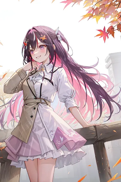 1girl, solo, azki_2, dress, jacket, long hair, multicolored hair, two-tone hair, pink hair, black hair, hair ornament, purple eyes, outdoors, autumn, park, maple trees, dynamic pose, smile, short sleeve, jewelry, <lora:Azki_v2.0:0.7>