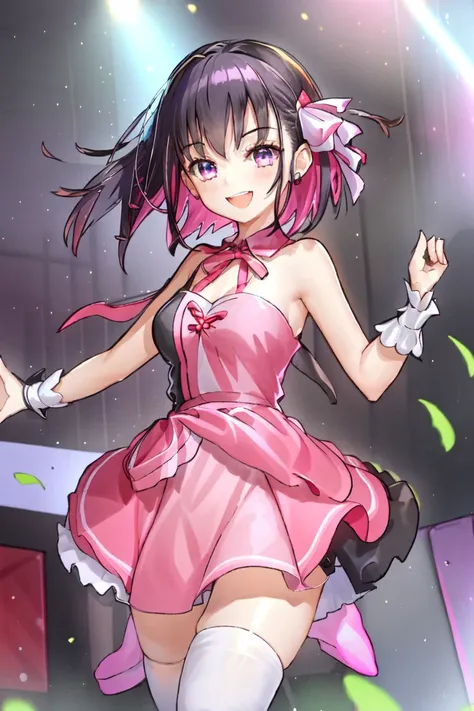 1girl, solo, azki, idol, idol clothes, pink dress, black dress, ribbon, (short hair:1.25), multicolored hair, two-tone hair, pink hair, black hair, purple eyes, singing, concert, stage, outdoors, dynamic pose, bare shoulders, thighhighs, smile, <lora:Azki_v2.0:0.7>