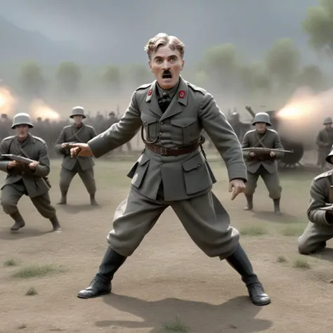 <lora:SDXL Chaplin films The Great Dictator-000001:0.8>
Chaplin films, best quality, high quality, highres, masterpiece, sharpening, 3D, animated, full body,
looking at viewer, dynamic pose, war, battlefield,