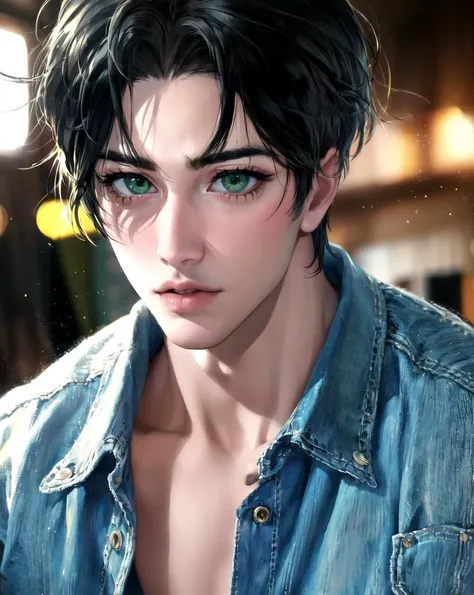 masterpiece, best quality, highly detailed background, perfect lighting, ((masterpiece)), depth of field, cinematic lighting, 1boy, Hamin, male focus, black hair, shirt, looking at viewer, hair between eyes, jeans,  green eyes,  eyes visible through hair, <lora:more_details:0.1>, <lora:sakimichan-v1.5fix-lora-32dim-10ep-novae-newcraft:0.7>,   <lora:Hamin:1>