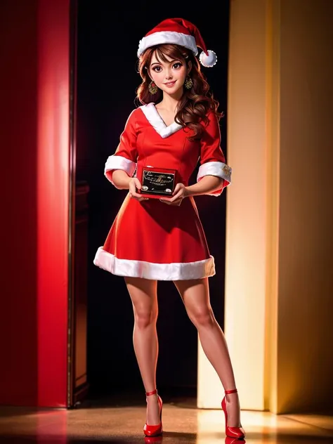 Realistic photo of a beautifulm4ry3w-v1 woman, 1girl, solo, long hair, smile, brown hair, hat, dress, brown eyes, jewelry, earrings, food, high heels, red dress, red footwear, candy, christmas, santa hat, santa costume, realistic, candy cane, soft lighting, professional Photography, Photorealistic, detailed, RAW, analog, sharp focus, 8k, HD, DSLR, high quality, Fujifilm XT3, film grain, award winning, masterpiece<lora:m4ry3w-v1:1.0>