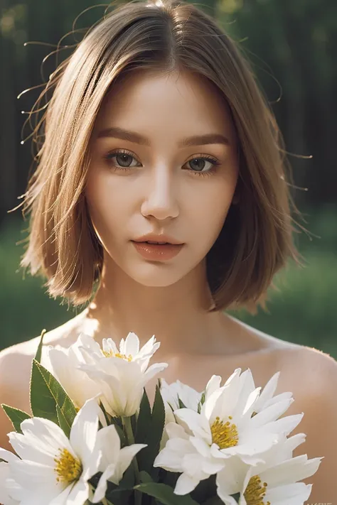 best quality, masterpiece, (photorealistic:1.4), Close up, 1 girl, upper body, Black Dress, blonde, short hair, cute, flowers around, forest background, sweet girl, IDOL,  -- Face Details:1.7 -- <lora:MoosMST3:1>, <lora:AmaliaDavis-01:1>