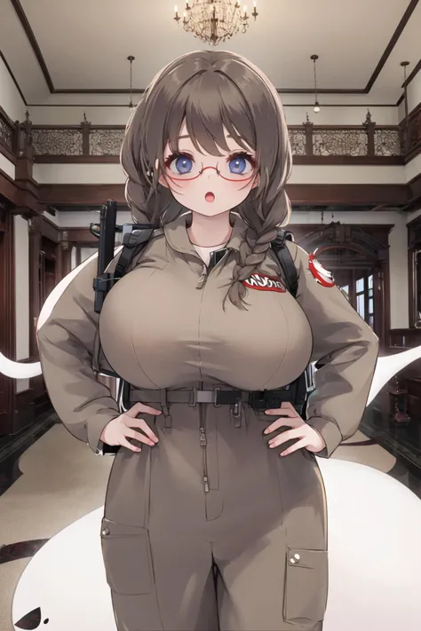<lora:futon-10:0.6>, twin braids, <lora:Ghostbuster:0.6>, (ghostbuster uniform), protopack, glasses, looking at viewer, ;o, ghost, hotel, indoors, gigantic breasts, jumpsuit, 1girl