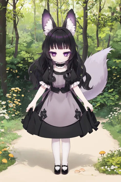 <lora:hardgore2-10:0.6>, <lora:futon-10:0.6>, fox ears, fox tail, pale skin, bags under eyes, headdress, forest, mushroom, black dress, black hair, mary janes, expressionless, purple eyes, short sleeves, 1girl, hardgore alice