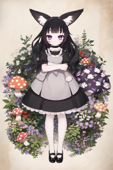 <lora:hardgore2-10:0.6>, <lora:futon-10:0.6>, fox ears, fox tail, pale skin, bags under eyes, headdress, forest, mushroom, black dress, black hair, mary janes, expressionless, purple eyes, short sleeves, 1girl, hardgore alice