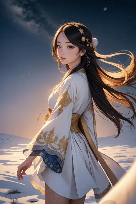 1girl, (portrait art stylized by Gerard van Honthorst:0.8) , baroque art, epic Photograph, Complex background, side view shot of a [2000'S|Handsome] Dreamlike ("Footprints on the path of enlightenment, seekers of truth, unraveling the mysteries of existence one step at a time.":1.3) , winter background, desolate field and Planetary ring in background, Snowing, FOV 90 degrees, Sketch, Disgusting, Shin Hanga, soft lighting, Slow Shutter Speed, Fujicolor C200, F/5, two colors, Bright design, made of Lace, hyperdetailed, extremely detailed CG Unity 8k wallpaper