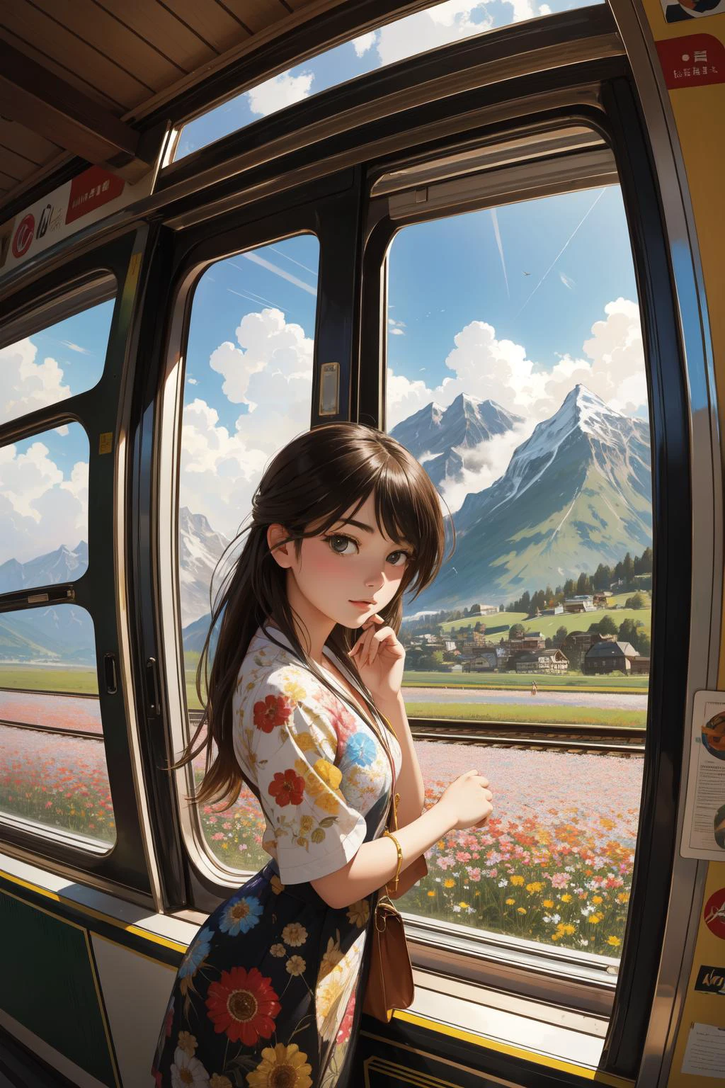 1girl, masterwork Oil painting, cozy, landscape of a Sweltering Creative ([The Sahara Desert:Interlaken:1]:1.3) from inside of a Train station, crowded flower field with Forest, at Midday, Illustration, Confused, Grimdark, Motion blur, Fish-eye Lens, two colors, intricate, Temari, Pixabay, absurdres, (by Suzan Pitt:1.1) , (Andre Kohn:1.1) , (Ed Emshwiller:1.0)