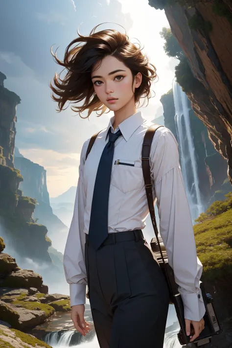1girl, masterpiece Raw digital photo, majestic, hip level shot of a slim TaishÅ Era (Male Office worker:1.3) , the Office worker is very [Detailed:Jagged:2] and Neat, his hair is Venezuelan and styled as Spiky, background is Haunted Waterfall, crowded roots and Meteor in background, Stormy weather, deep focus, Embarrassing, CGI Art, hair light, Cinematic, Nikon Z9, Depth of field 270mm, Agfacolor, National Geographic, layered textures, detailed face, natural skin texture, Flickr, wallpaper, [ (surrealism art designed by Jeremy Geddes:1.2) | (Peter Howson:1.0) ]