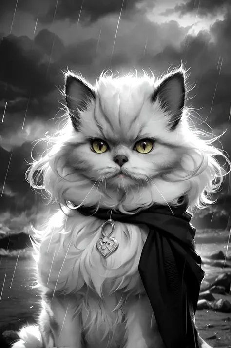 stylized by Alfonso Cuaron and Christine Ellger, digital art, ([Persian Cat like human|Gwen Stacy]:1.3) , feeling very melancholy, wearing costume, Raining, Cold Lighting, F/1.8, Grayscale, D&D, (((epic-Ultra-HD-details, epic-Ultra-HD-highlights, epic-photo-same-realistic, upscaled-resolution, optimal)))