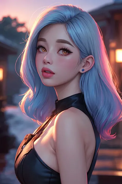 designed by Paul Wonner, digital art, ([Betty Draper:Awkwafina:2]:1.1) , Betty Draper has Colored hair, at Blue hour, Ultrarealistic, Peaceful, CGI Art, Ambient lighting, (((epic-Ultra-HD-details, epic-Ultra-HD-highlights, epic-photo-same-realistic, upscaled-resolution, optimal)))