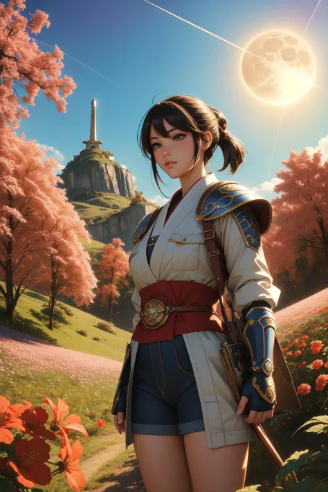 1girl, (comics art by Thomas C. Kinkaid:1.2) , awardwinning Physically based render, intricate details, wide shot of a Nonchalant Wanderlust ([Border Collie:Ryu Hayabusa:1]:1.3) , Geranium background, crowded hillside and flower field, Hurricane, shallow depth of field, Classical, Flustered, Luminous trails, Auto-Destructive Art, Moonlight, L USM, four colors, crisp lines, rpg concept art, Highres, pixiv, monster