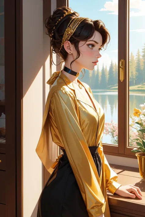 1girl, professional Renderman, masterpiece, (Gradient theme:0.7) , side-profile of a Messy Angry lanky High-Tech (Female [God|Goldilocks]:1.3) Barista, she is from the Classical Antiquity, she is feeling very shocked, dressed in a very Graceful Workwear, The Workwear is partially unzipped, her hair is Islamic and styled as Bantu knots, she has a Misshapen Bantu Gold Choker, Welcoming jewelry, crowded blossoms and lake, Summer, shallow depth of field, Light and Bright, American Scene Painting, loop lighting, Depth of field 100mm, Kodak portra, Digital distortions, stylized, photo-realistic face, highly detailed face, 64K, hyperdetailed, (horror art stylized by John Bolton:1.2) , monstrous, ornate