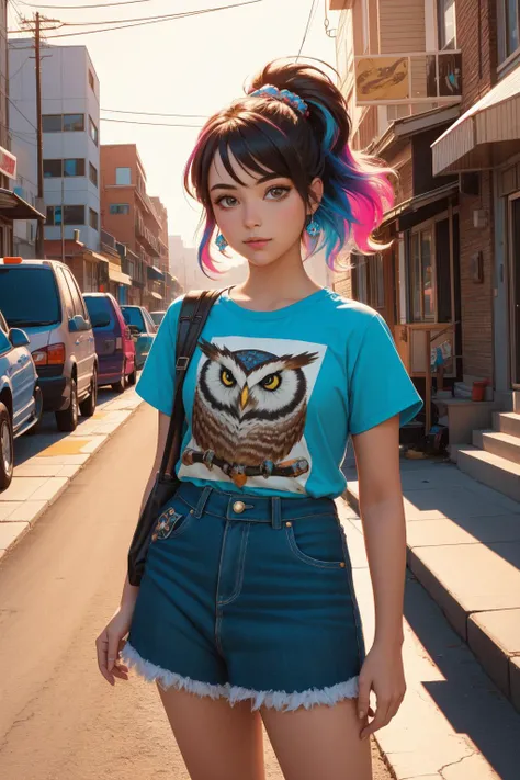 1girl, (detailed art stylized by Tim Doyle:0.8) , comics art, colorful Drawing, concept art, ground level shot of a [Dystopian|Paranoid] Luminous ([Owl|Audi]:1.3) looking like a [passion fruit:ice:16], inside a Refreshing Appalachian, Epochal street and Big Dipper in background, at Dusk, Very wide view, Anime screencap, Shameless, Corporate Punk, Beautifully Lit, pinhole lens, Low Contrast, halation, de dia los muertos, Best quality, UHD